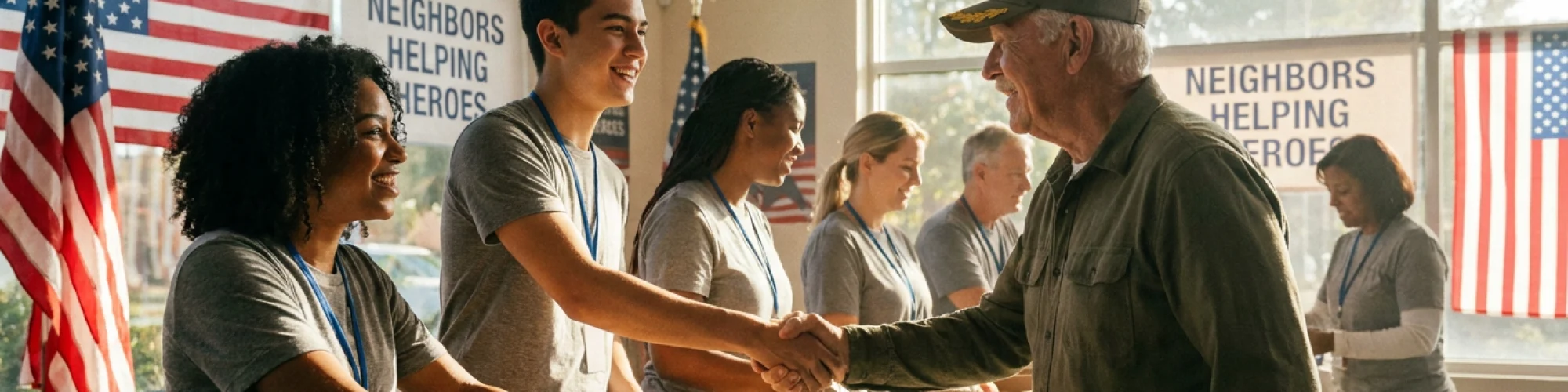 Volunteers packing boxes of food and supplies for local veterans